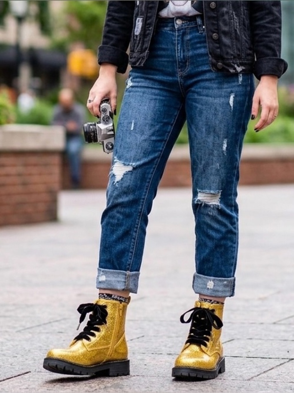 Gold Glitter & Rainbow Lace-Up Combat Boots w/ Zipper Concert Dressy Sparkle